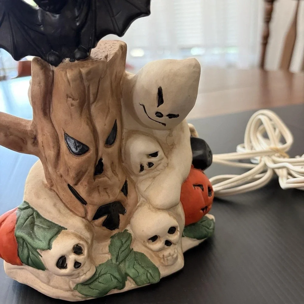 Vintage Halloween Tree Porcelain Night Light Pumpkin Skull Crow Works